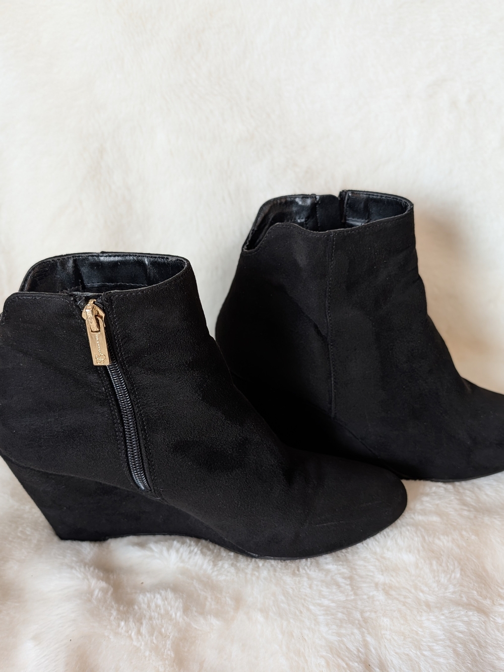Jessica Simpson Black Suede Wedge Ankle Boots with Gold Zip Accent